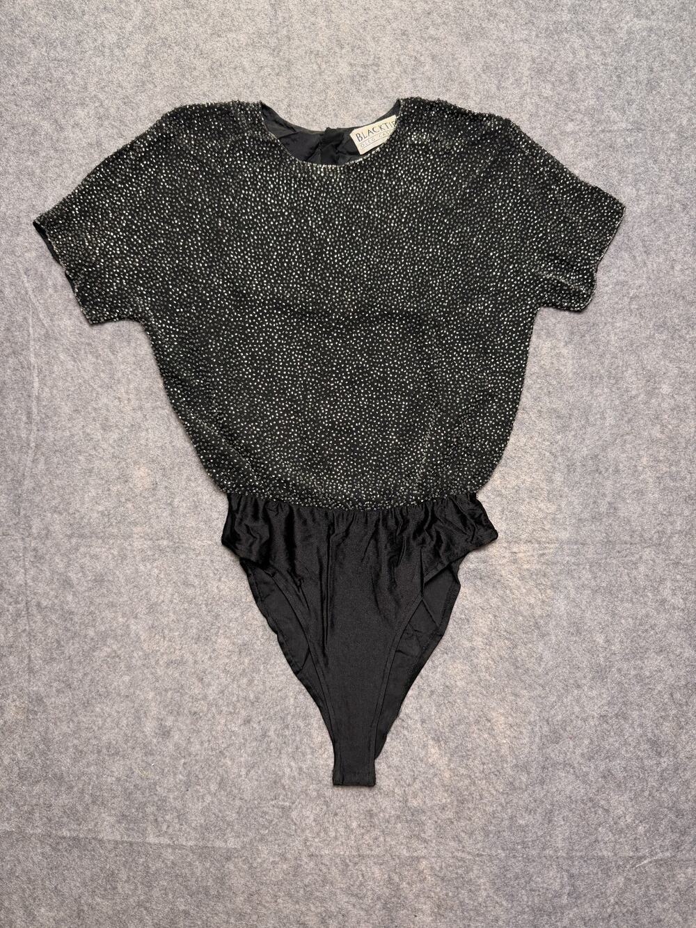 Vintage Oleg Cassini Black Tie Womens S Black Beaded Silk Bodysuit Short Sleeve